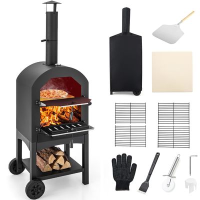 Outdoor Woodfired Charcoal Pizza Maker Trolley Grill with Pizza Stone and Waterproof Cover