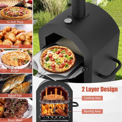 Outdoor Woodfired Charcoal Pizza Maker Trolley Grill with Pizza Stone and Waterproof Cover