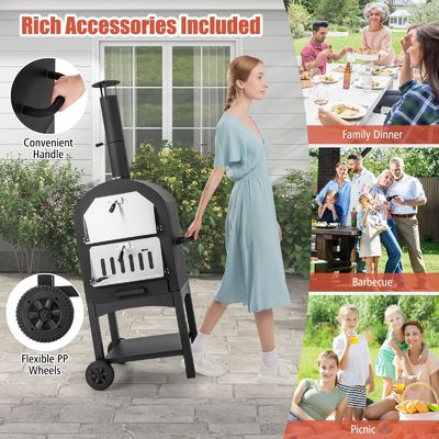 Outdoor Woodfired Charcoal Pizza Maker Trolley Grill with Pizza Stone and Waterproof Cover
