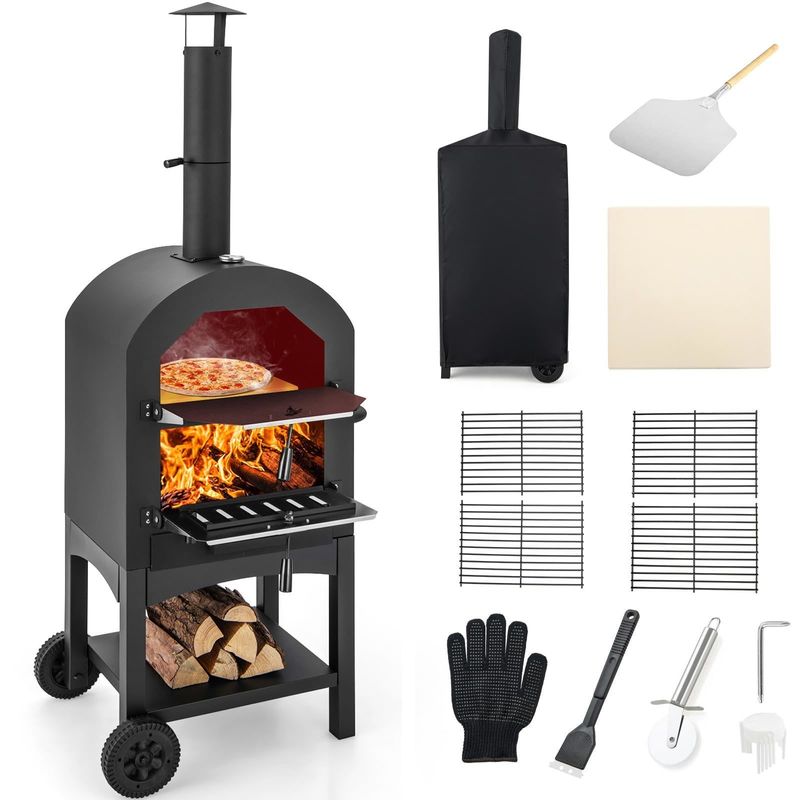 Outdoor Woodfired Charcoal Pizza Maker Trolley Grill with Pizza Stone and Waterproof Cover